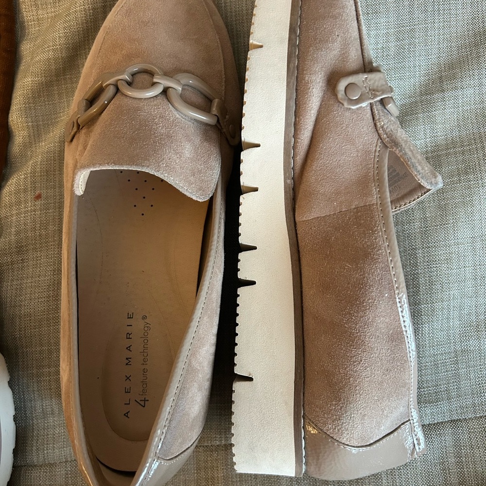 Alex Marie Taupe Suede Loafers with Chain Accent